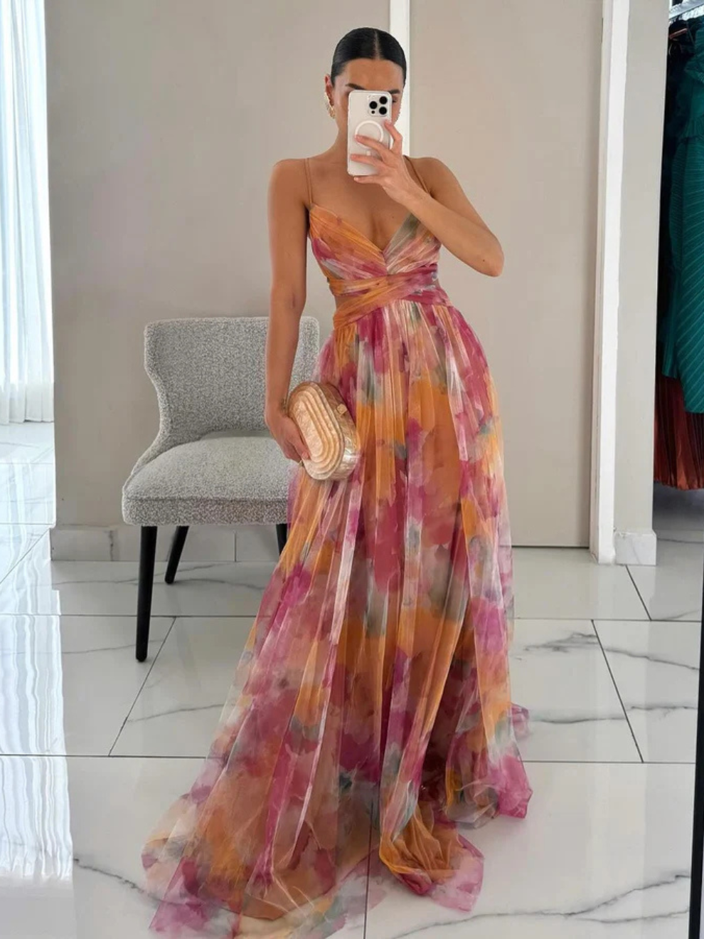 CORAL | VESTIDO LARGO CON ESTAMPADO FLORAL