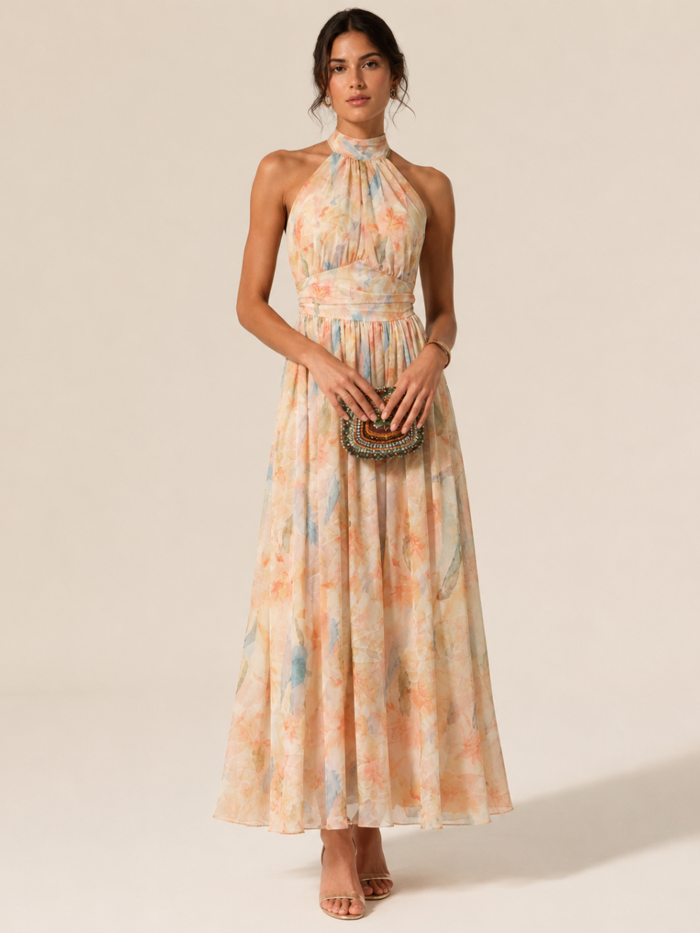NOVA | VESTIDO CON ESCOTE HALTER Y ESTAMPADO DE ACUARELA
